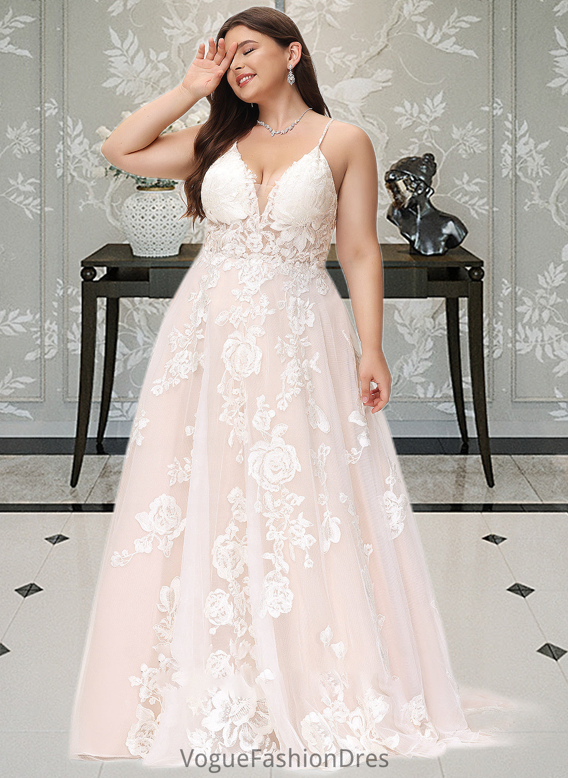 Shayla Ball-Gown/Princess V-neck Court Train Tulle Lace Wedding Dress With Beading Pockets DKP0013679