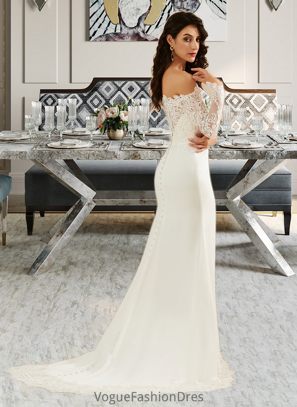 Sophronia Trumpet/Mermaid Off-the-Shoulder Court Train Wedding Dress With Lace DKP0013680