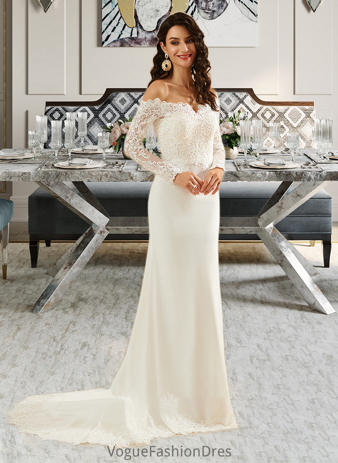 Sophronia Trumpet/Mermaid Off-the-Shoulder Court Train Wedding Dress With Lace DKP0013680