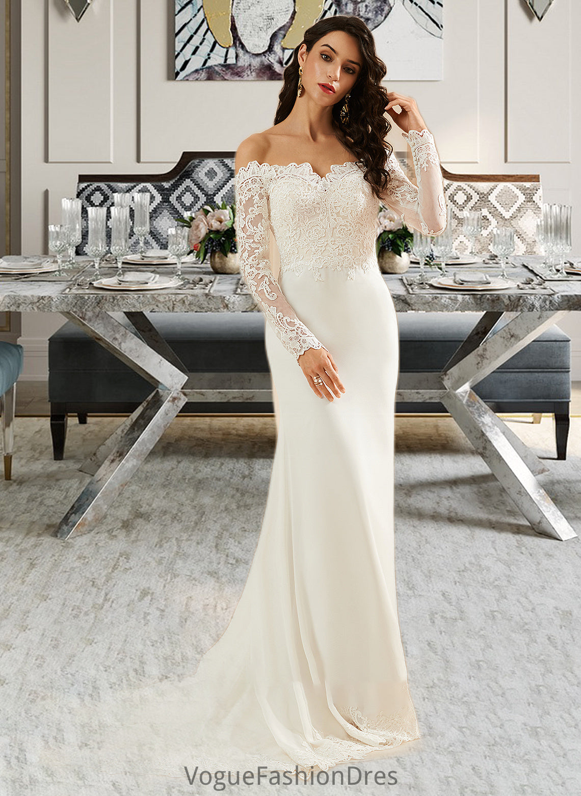 Sophronia Trumpet/Mermaid Off-the-Shoulder Court Train Wedding Dress With Lace DKP0013680