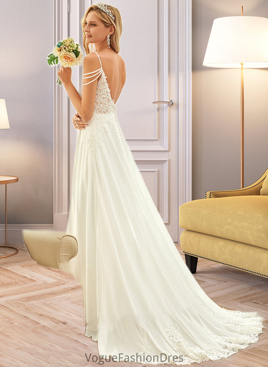 Eve A-Line V-neck Sweep Train Chiffon Lace Wedding Dress With Beading Sequins DKP0013681