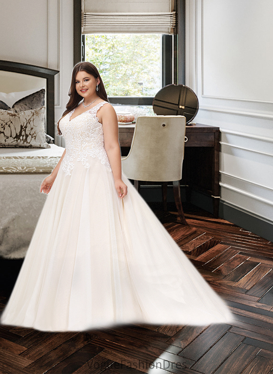 Elyse Ball-Gown/Princess V-neck Court Train Tulle Wedding Dress DKP0013682