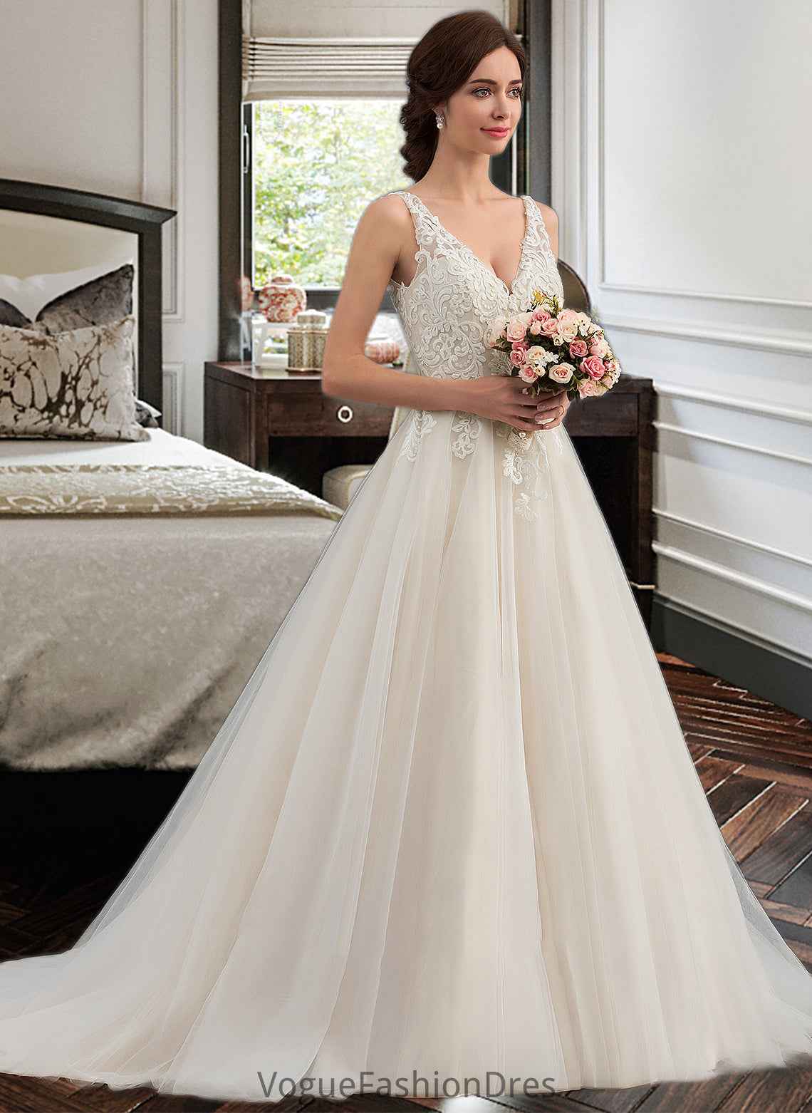 Elyse Ball-Gown/Princess V-neck Court Train Tulle Wedding Dress DKP0013682