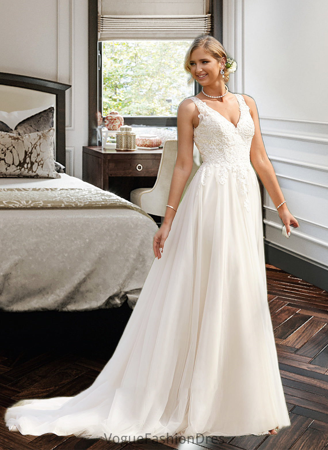 Elyse Ball-Gown/Princess V-neck Court Train Tulle Wedding Dress DKP0013682