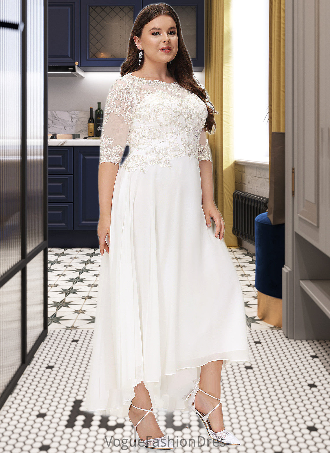 Karlie A-Line Scoop Neck Asymmetrical Chiffon Wedding Dress With Beading Sequins DKP0013686