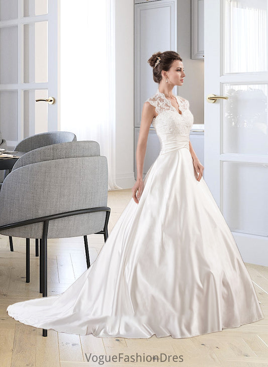 Macey Ball-Gown/Princess V-neck Court Train Satin Lace Wedding Dress With Ruffle DKP0013688