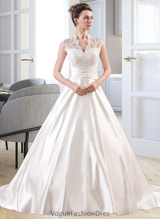 Macey Ball-Gown/Princess V-neck Court Train Satin Lace Wedding Dress With Ruffle DKP0013688