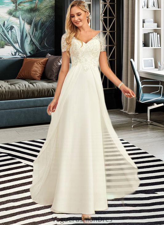 Kinsley A-Line V-neck Floor-Length Chiffon Lace Wedding Dress With Lace DKP0013691