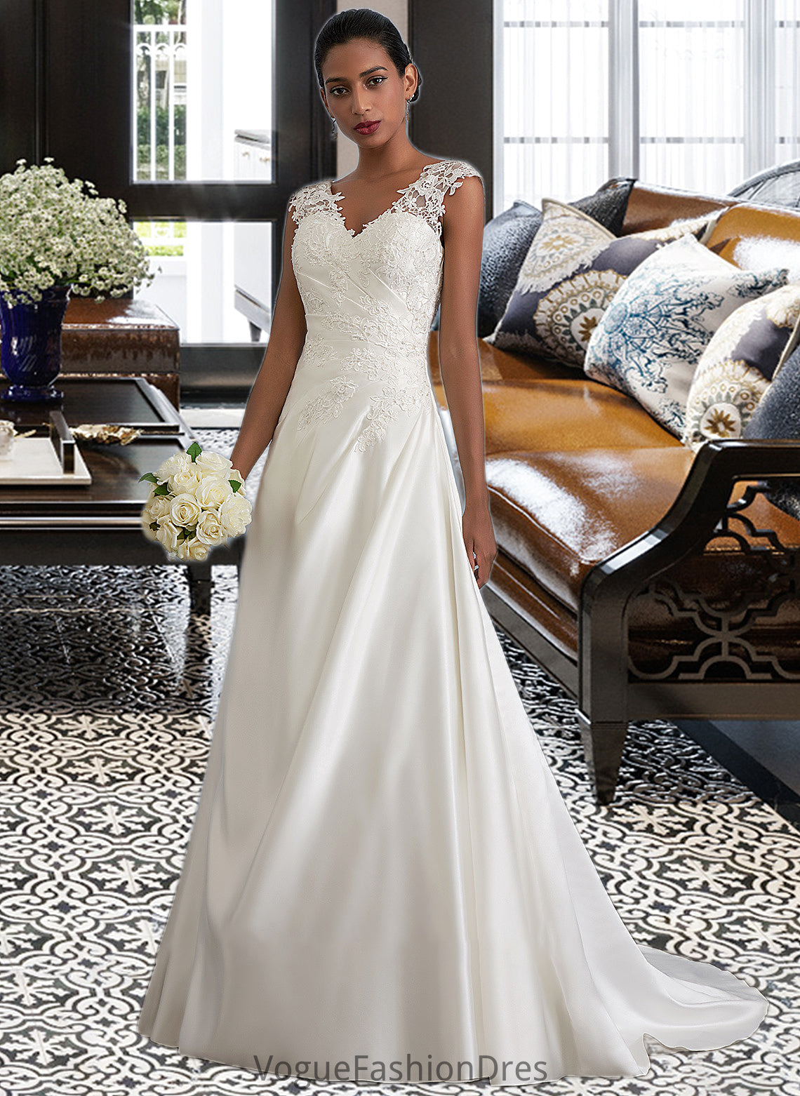 Wendy Ball-Gown/Princess V-neck Sweep Train Satin Wedding Dress With Ruffle Beading Sequins DKP0013693