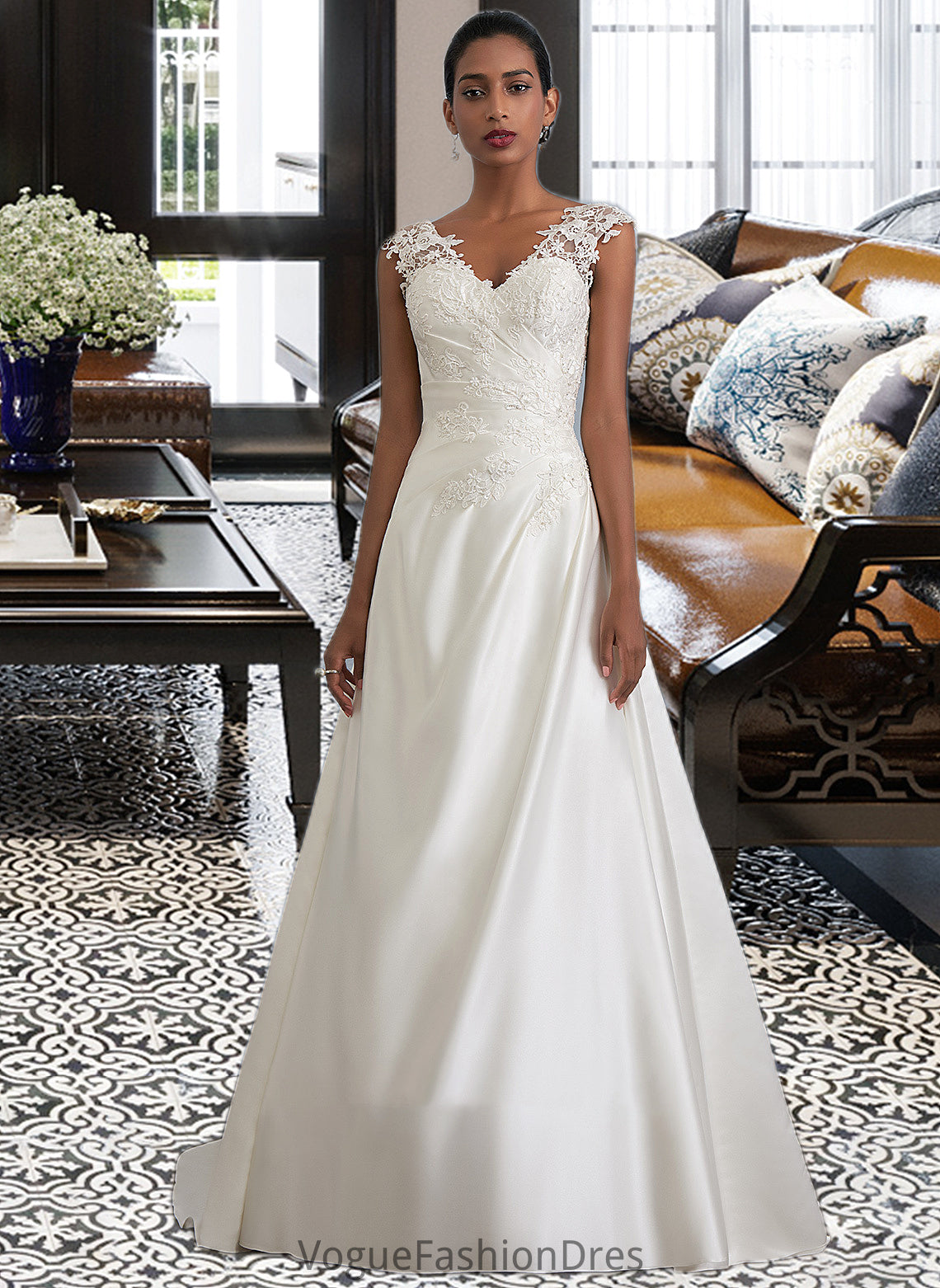 Wendy Ball-Gown/Princess V-neck Sweep Train Satin Wedding Dress With Ruffle Beading Sequins DKP0013693