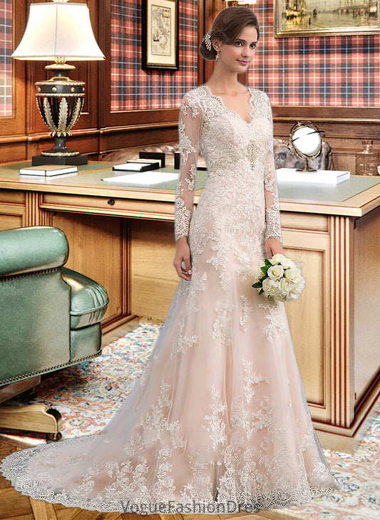 Julie Trumpet/Mermaid V-neck Court Train Tulle Lace Wedding Dress DKP0013694