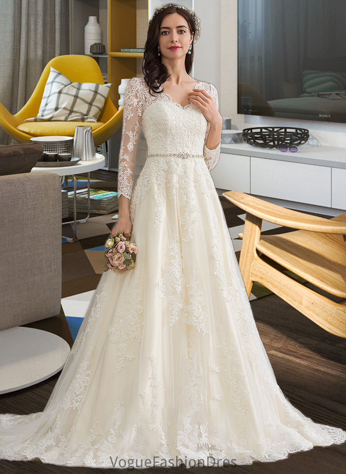 Kathy Ball-Gown/Princess V-neck Chapel Train Tulle Wedding Dress With Beading Sequins DKP0013695