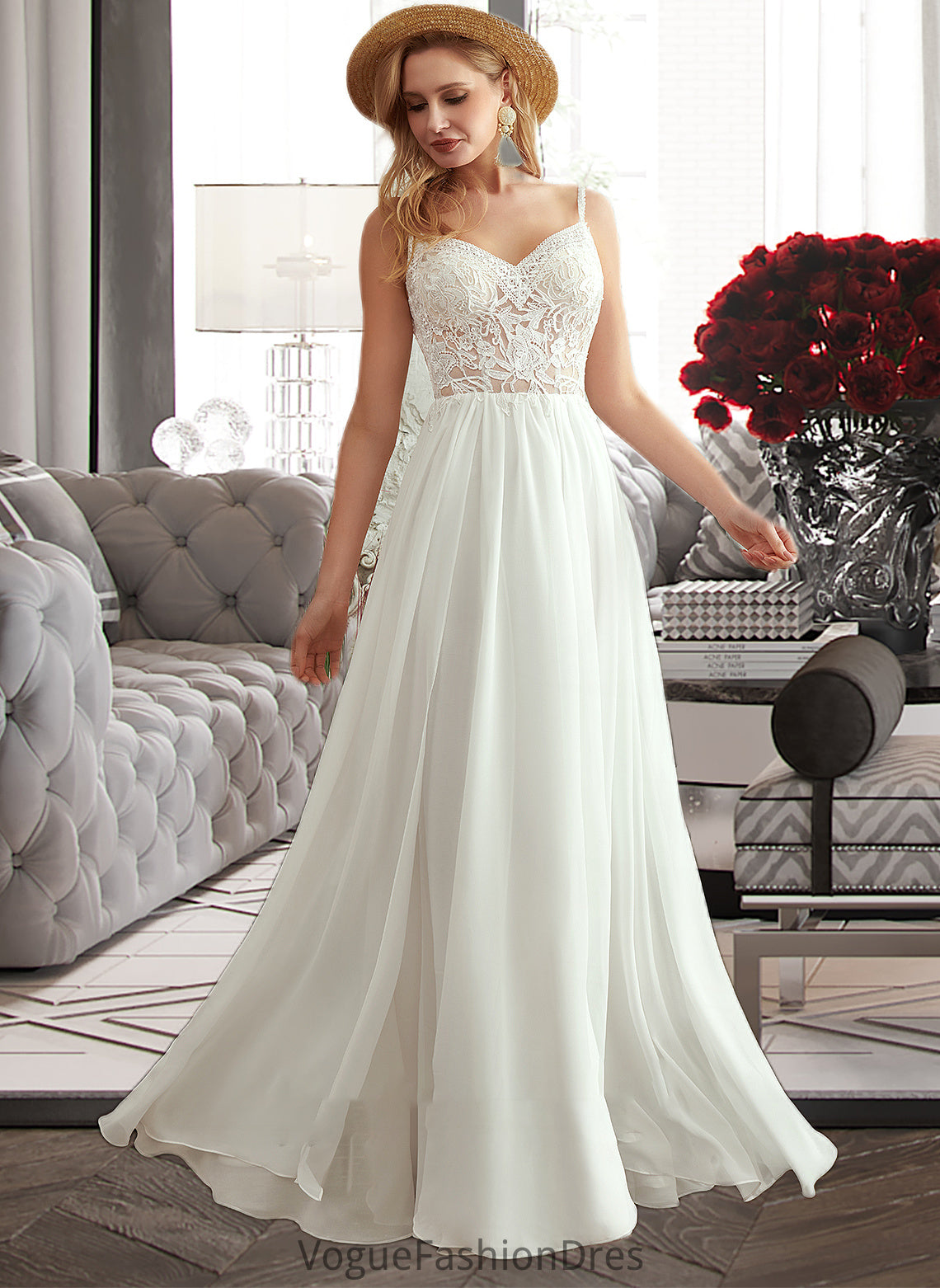 Yadira A-Line V-neck Floor-Length Wedding Dress With Beading Split Front DKP0013697