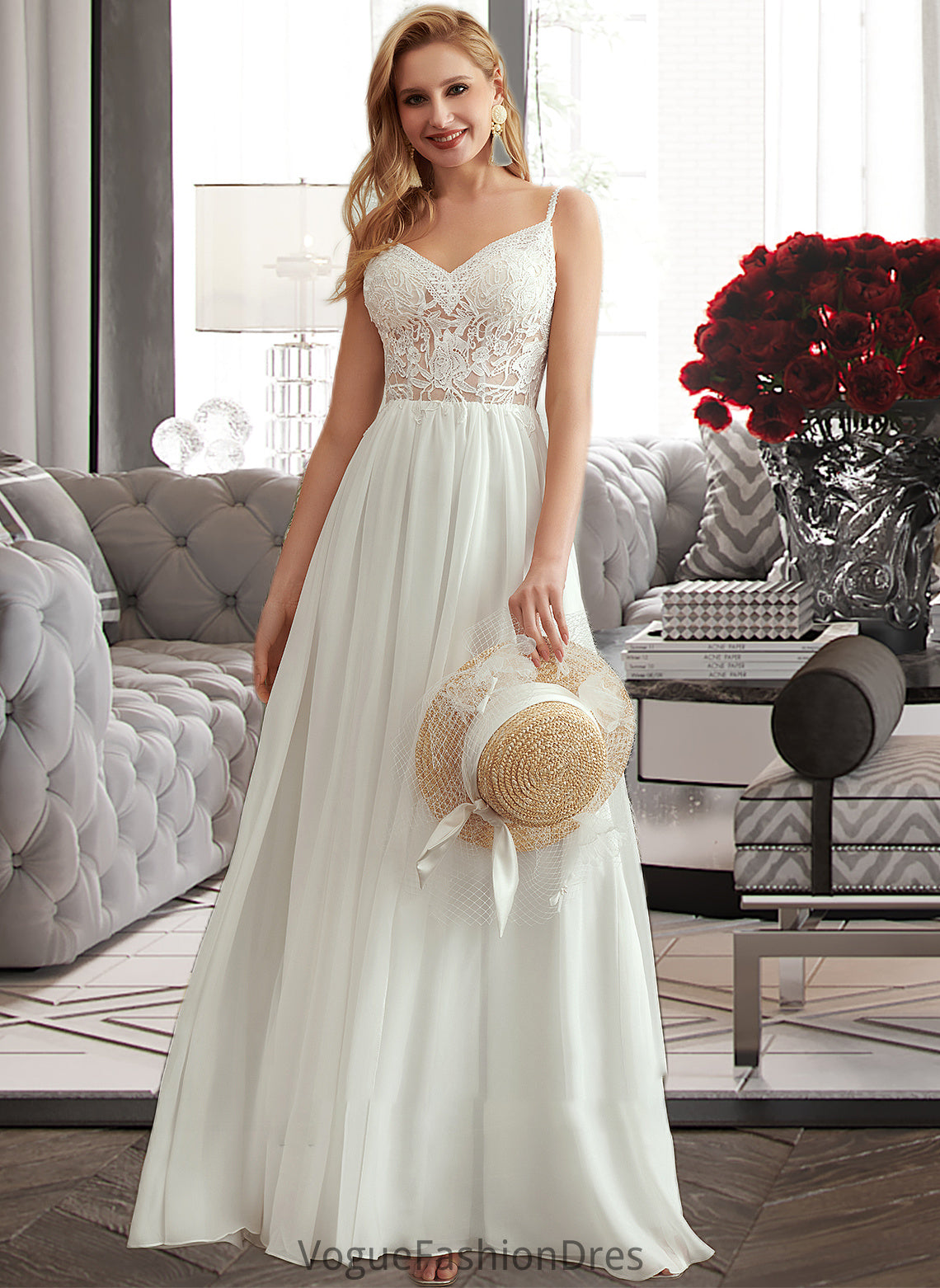 Yadira A-Line V-neck Floor-Length Wedding Dress With Beading Split Front DKP0013697