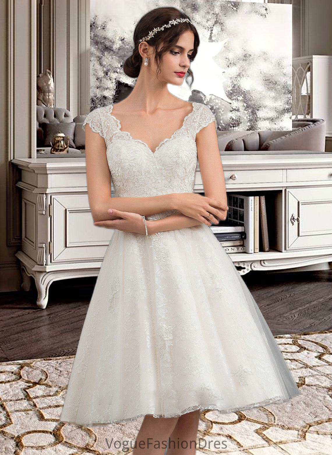 Evangeline A-Line V-neck Knee-Length Tulle Lace Wedding Dress DKP0013700