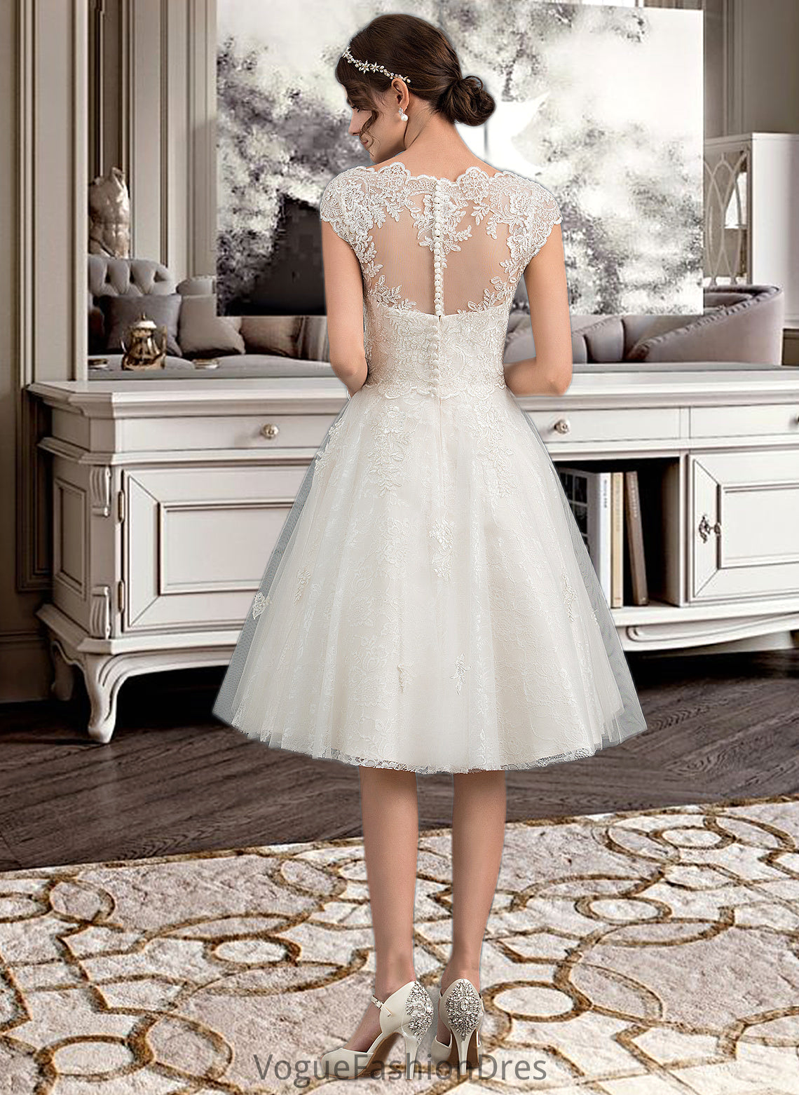 Evangeline A-Line V-neck Knee-Length Tulle Lace Wedding Dress DKP0013700