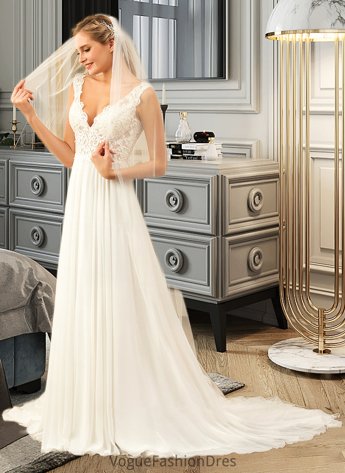 Rosemary A-Line V-neck Court Train Chiffon Wedding Dress DKP0013701