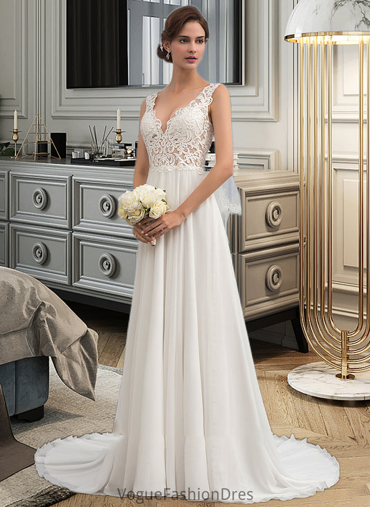 Rosemary A-Line V-neck Court Train Chiffon Wedding Dress DKP0013701