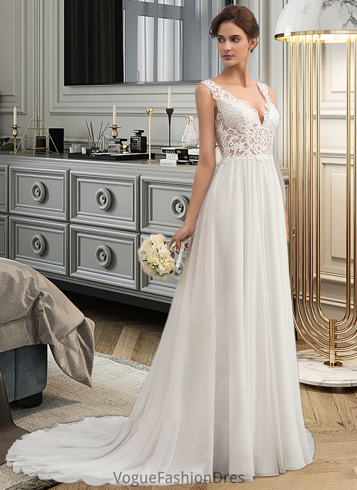 Rosemary A-Line V-neck Court Train Chiffon Wedding Dress DKP0013701