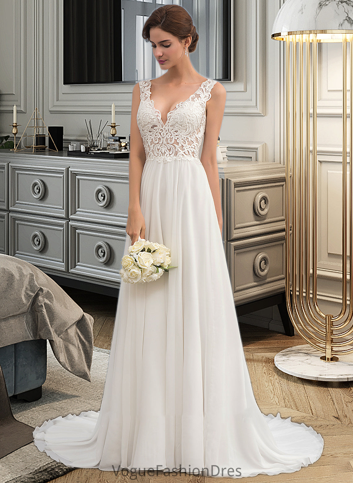 Rosemary A-Line V-neck Court Train Chiffon Wedding Dress DKP0013701