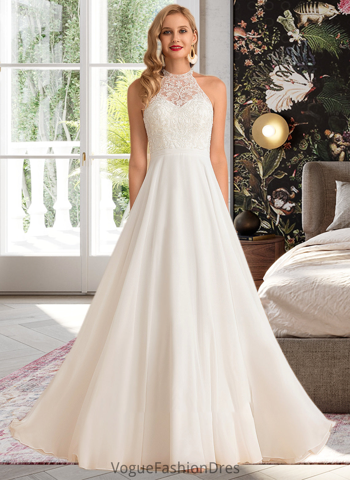 Hedda A-Line High Neck Floor-Length Chiffon Wedding Dress DKP0013702