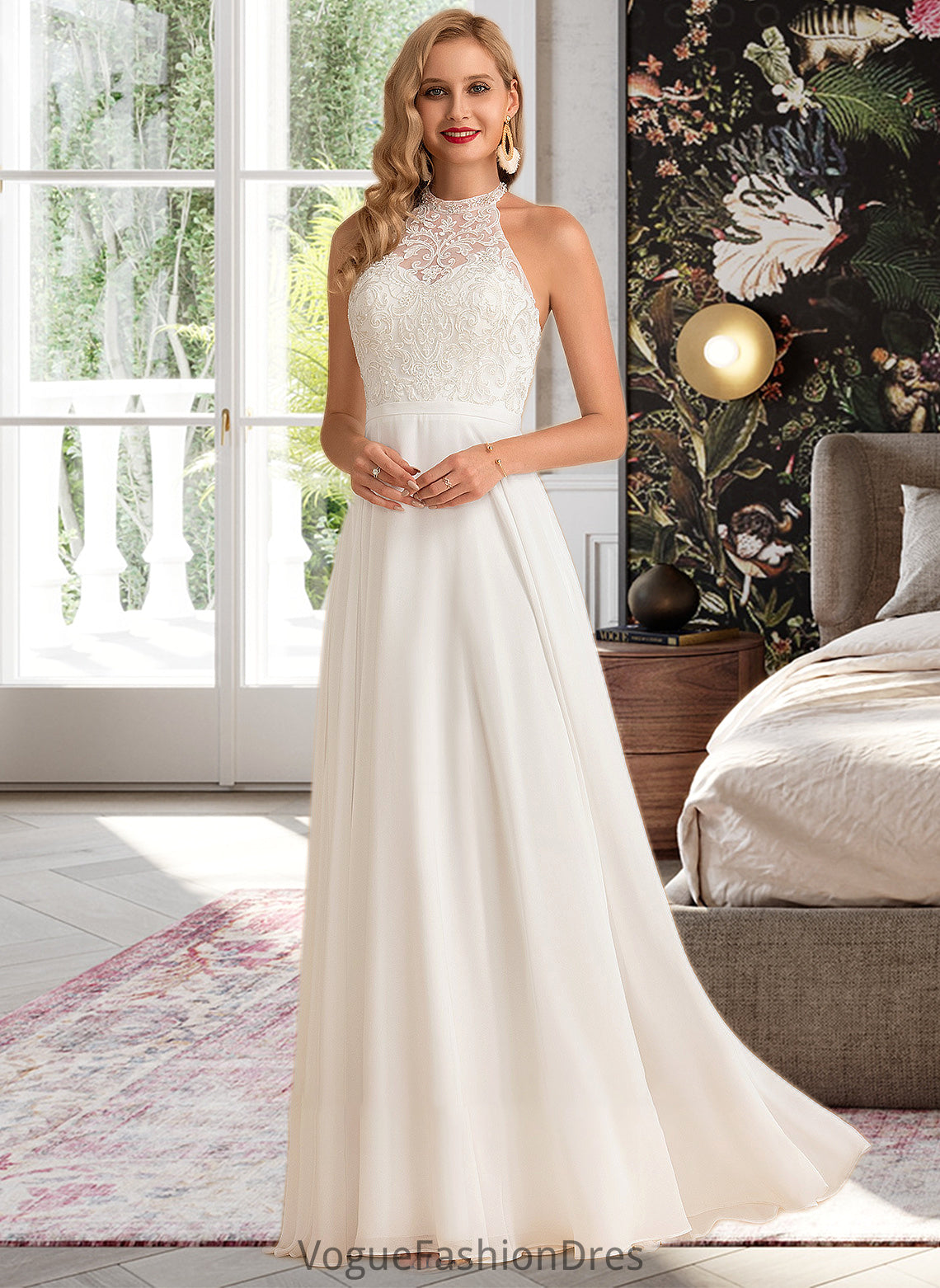 Hedda A-Line High Neck Floor-Length Chiffon Wedding Dress DKP0013702