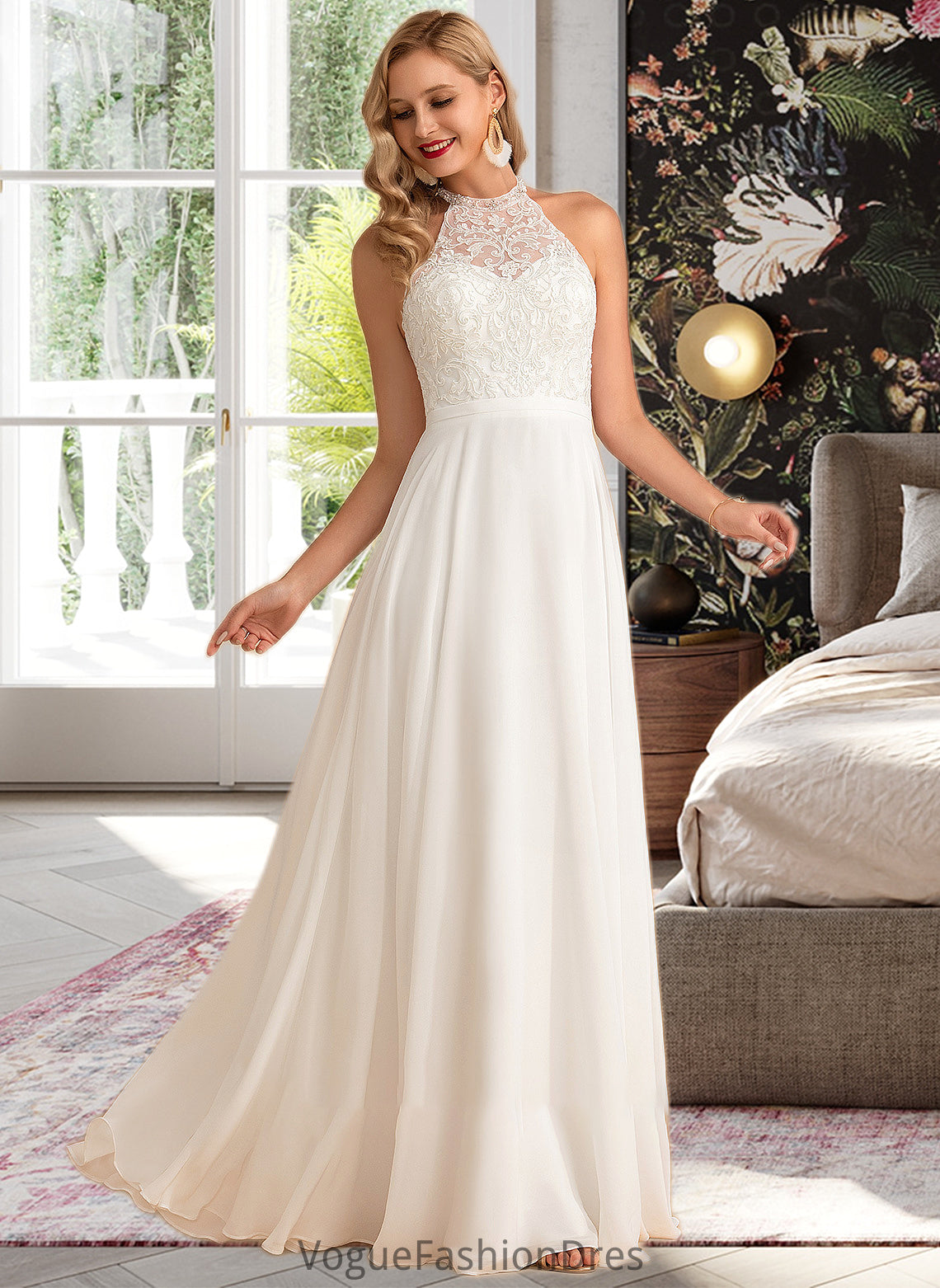 Hedda A-Line High Neck Floor-Length Chiffon Wedding Dress DKP0013702