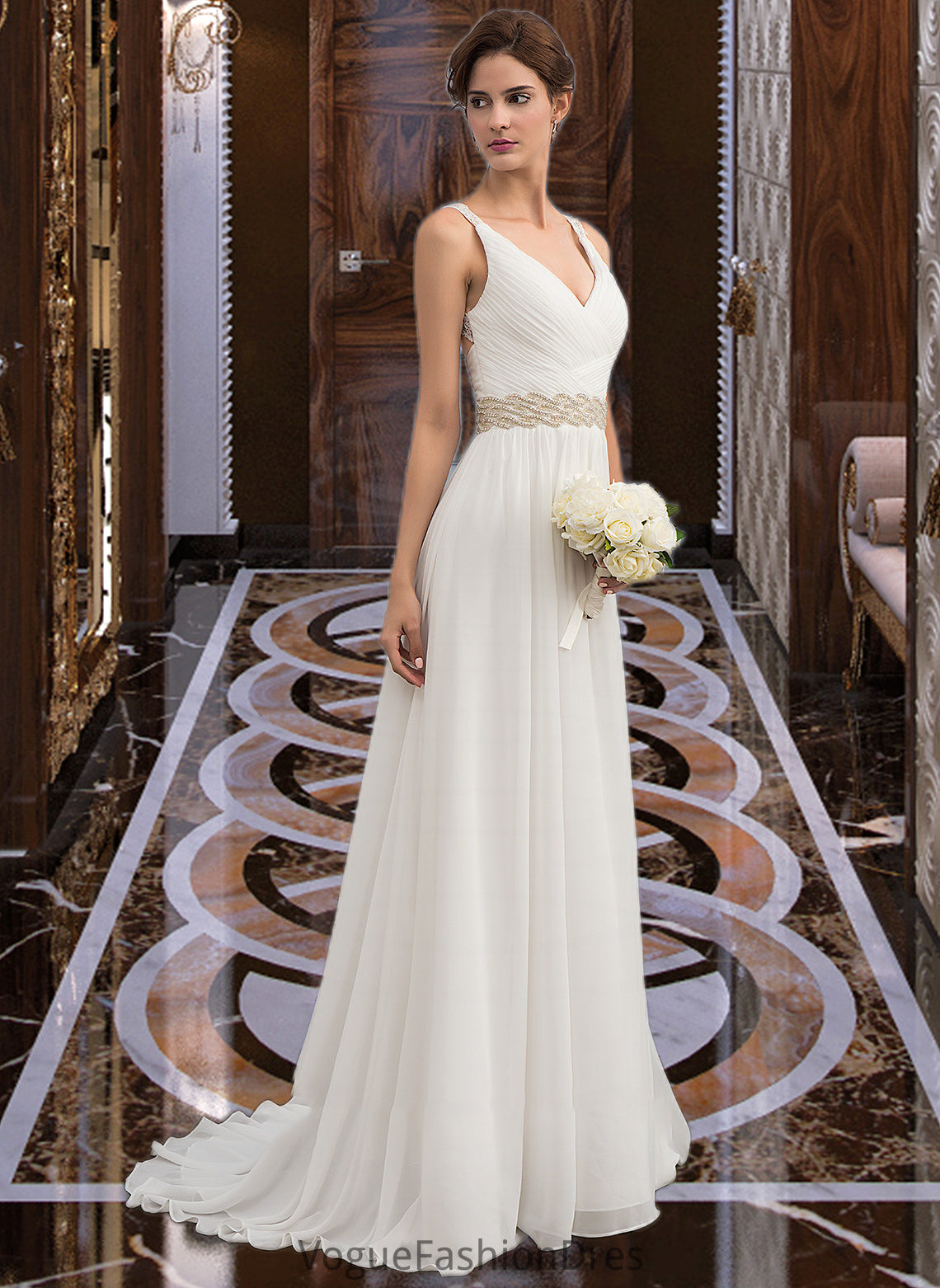 Ella A-Line V-neck Sweep Train Chiffon Wedding Dress With Ruffle Lace Beading Sequins DKP0013705