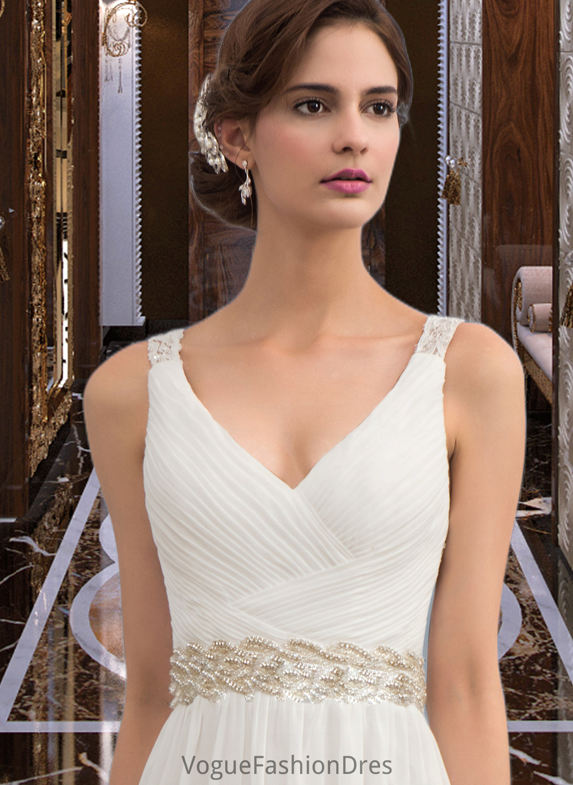 Ella A-Line V-neck Sweep Train Chiffon Wedding Dress With Ruffle Lace Beading Sequins DKP0013705