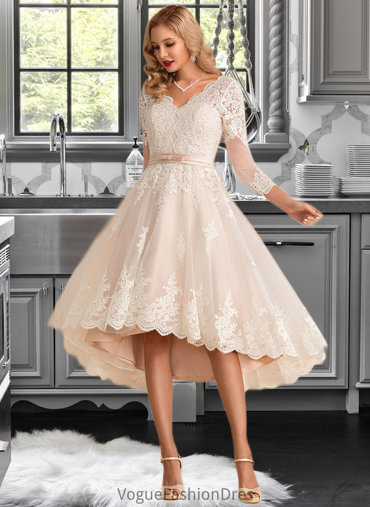 Lesley A-Line V-neck Asymmetrical Satin Tulle Lace Wedding Dress DKP0013706