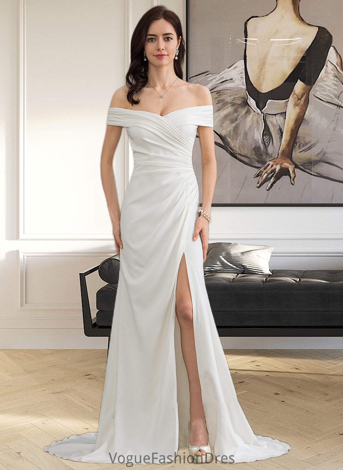 Sasha Sheath/Column Off-the-Shoulder Sweep Train Stretch Crepe Wedding Dress With Ruffle Split Front DKP0013707