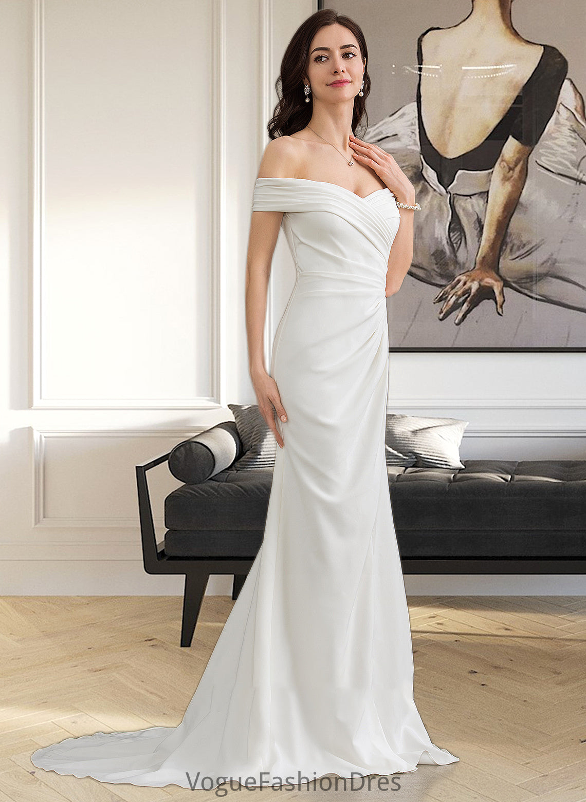 Sasha Sheath/Column Off-the-Shoulder Sweep Train Stretch Crepe Wedding Dress With Ruffle Split Front DKP0013707