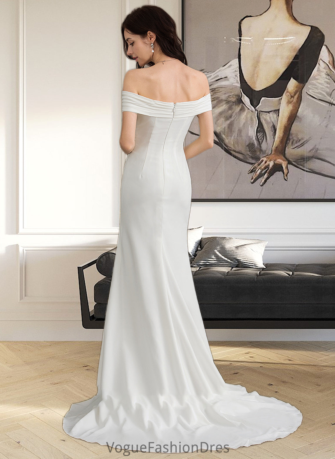 Sasha Sheath/Column Off-the-Shoulder Sweep Train Stretch Crepe Wedding Dress With Ruffle Split Front DKP0013707