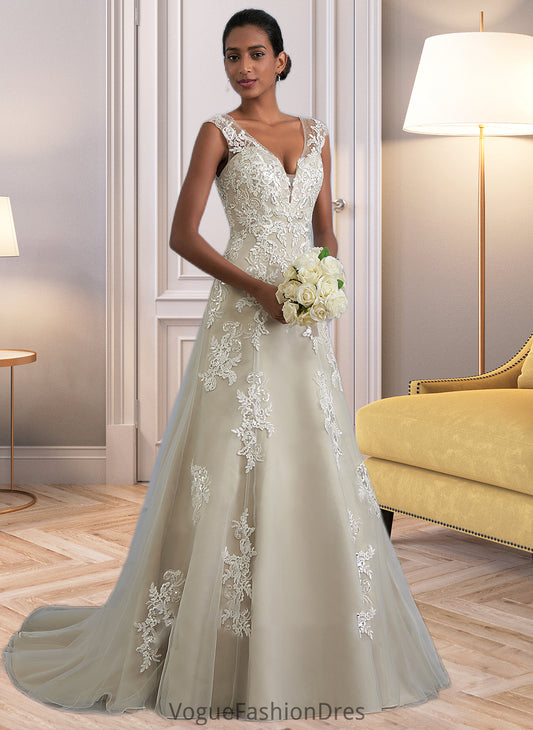 Mckenna A-Line V-neck Court Train Tulle Lace Wedding Dress With Beading Sequins DKP0013709