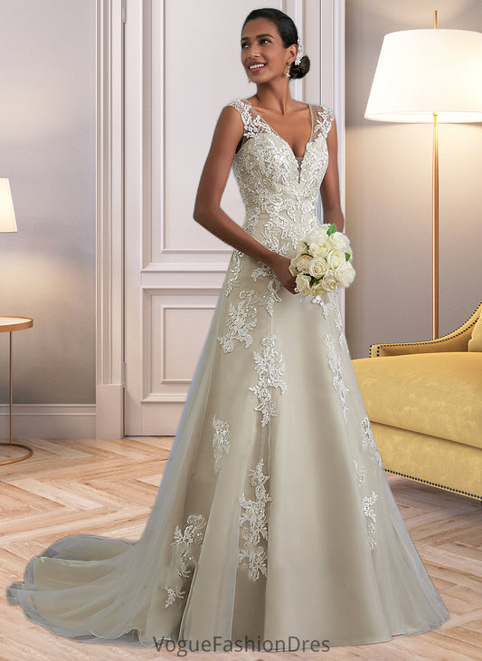 Mckenna A-Line V-neck Court Train Tulle Lace Wedding Dress With Beading Sequins DKP0013709