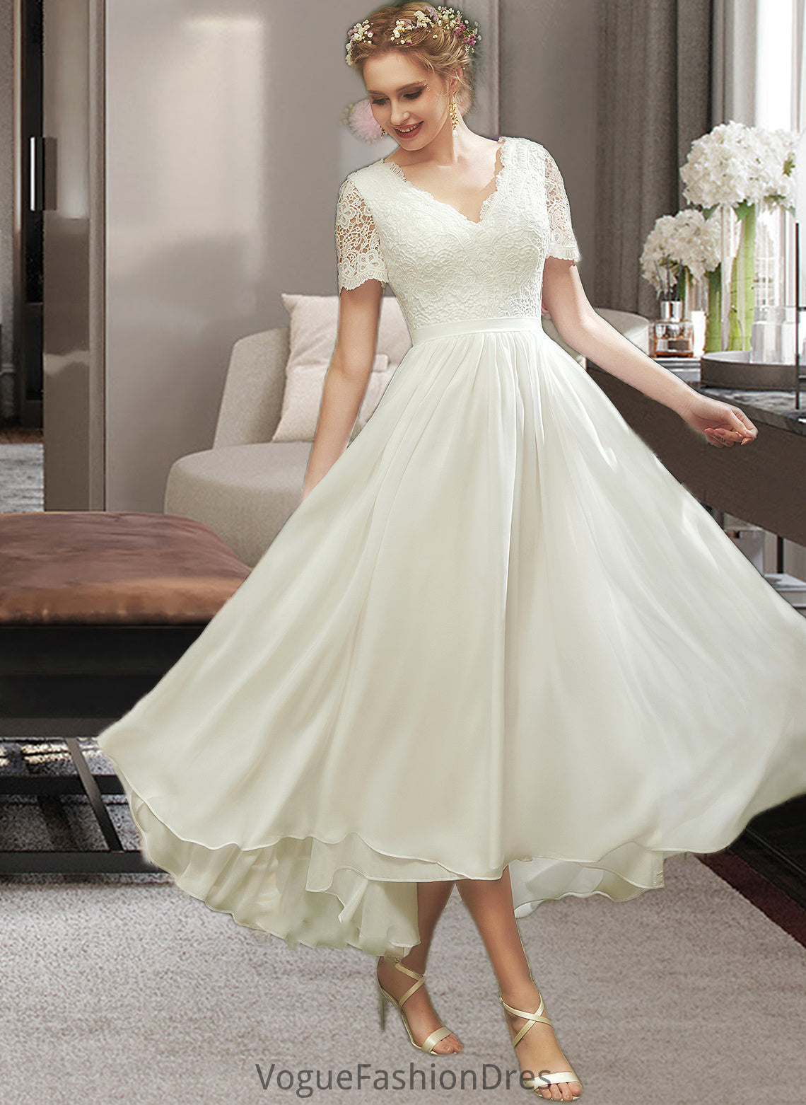 Michaela A-Line V-neck Asymmetrical Wedding Dress With Lace DKP0013712