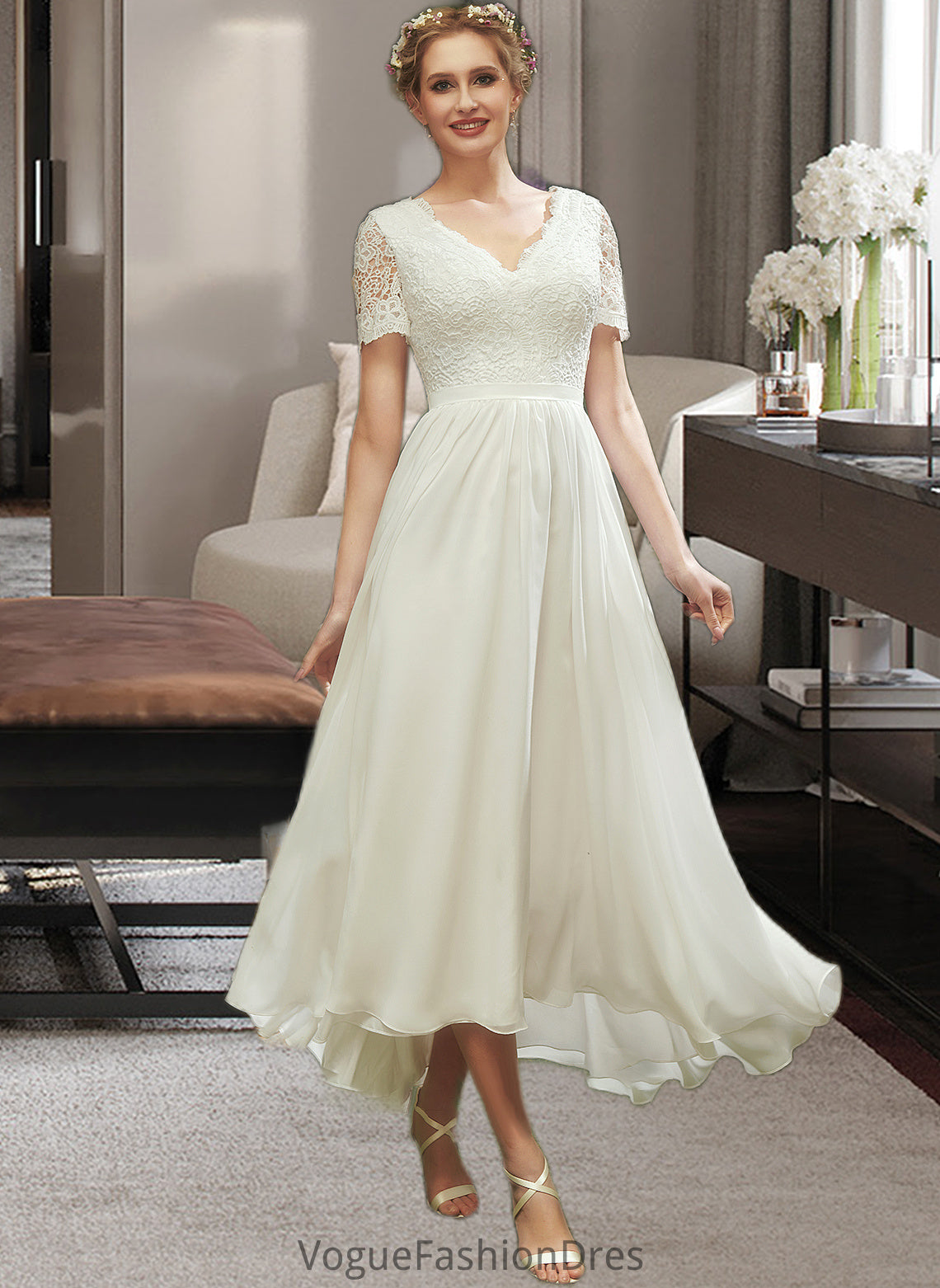 Michaela A-Line V-neck Asymmetrical Wedding Dress With Lace DKP0013712