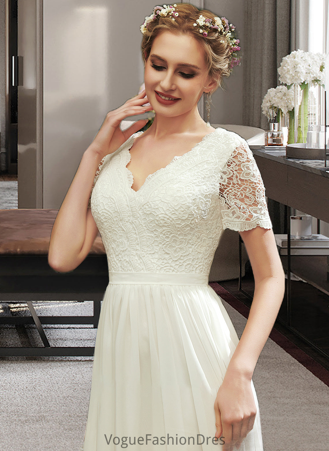 Michaela A-Line V-neck Asymmetrical Wedding Dress With Lace DKP0013712