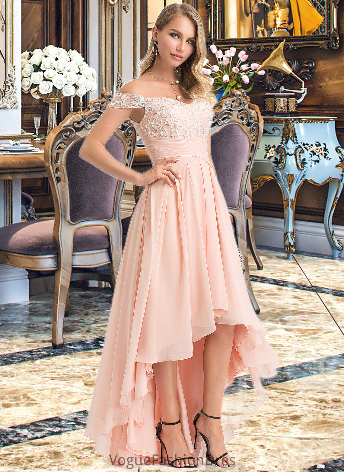 Mckenzie A-Line Off-the-Shoulder Asymmetrical Chiffon Wedding Dress With Sequins DKP0013713