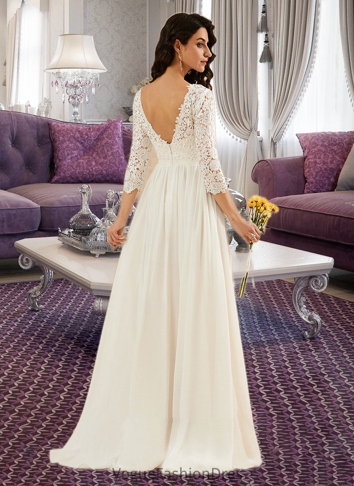 Melody A-Line Sweep Train Wedding Dress With Lace DKP0013715