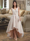 America A-Line V-neck Asymmetrical Tulle Lace Wedding Dress With Bow(s) DKP0013717