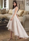 America A-Line V-neck Asymmetrical Tulle Lace Wedding Dress With Bow(s) DKP0013717