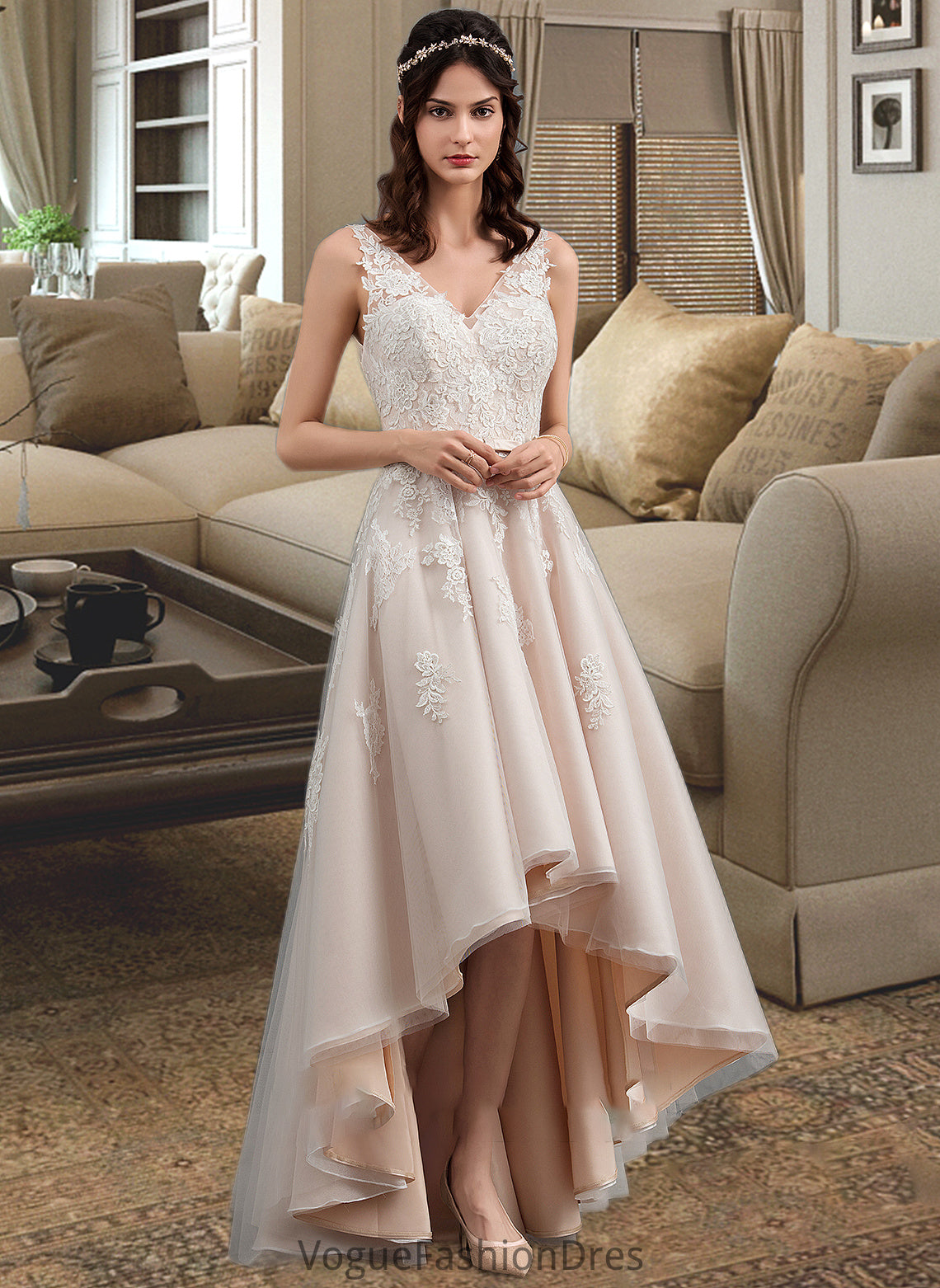 America A-Line V-neck Asymmetrical Tulle Lace Wedding Dress With Bow(s) DKP0013717