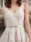 America A-Line V-neck Asymmetrical Tulle Lace Wedding Dress With Bow(s) DKP0013717