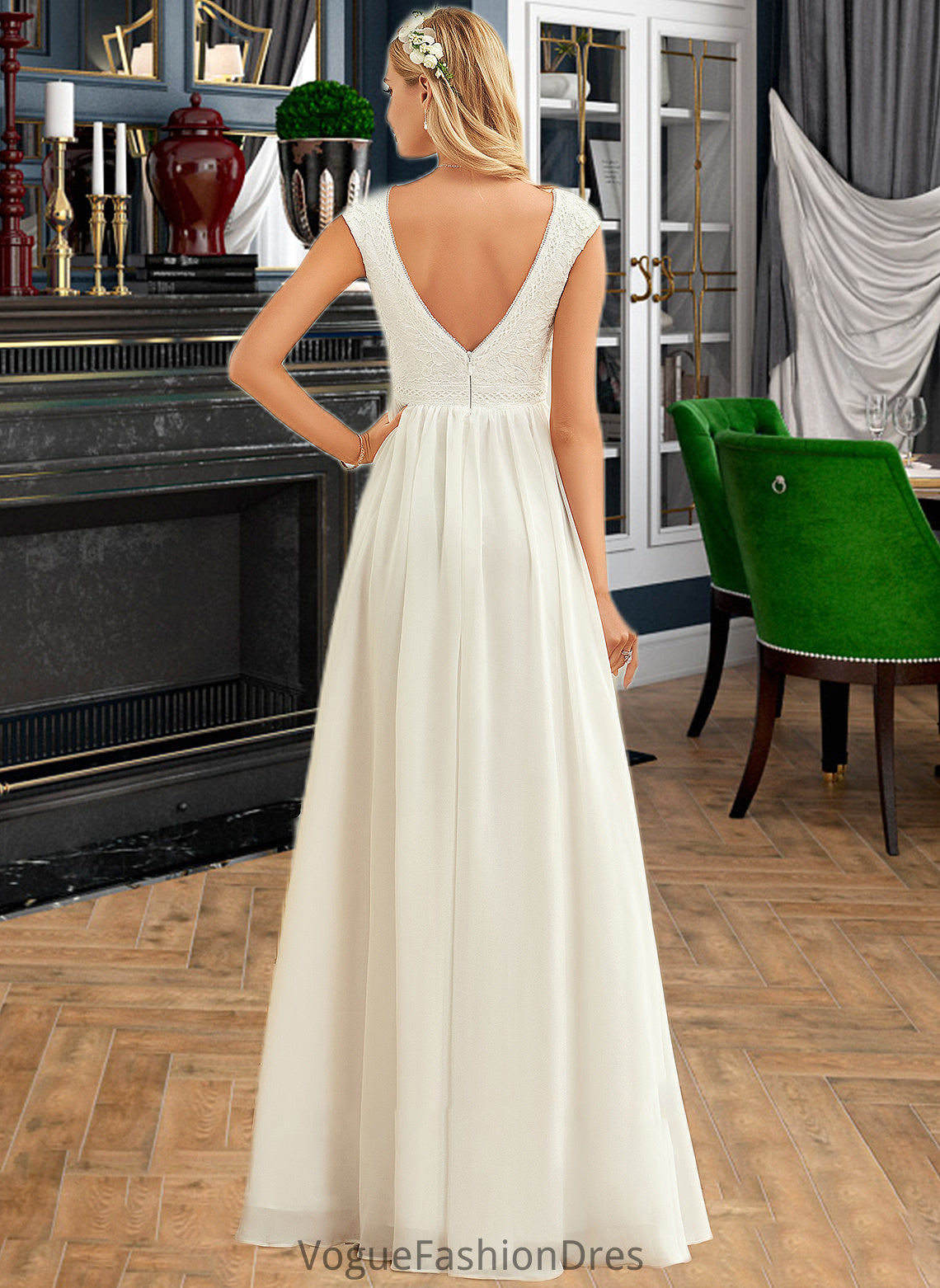 Alula A-Line V-neck Floor-Length Chiffon Lace Wedding Dress DKP0013722