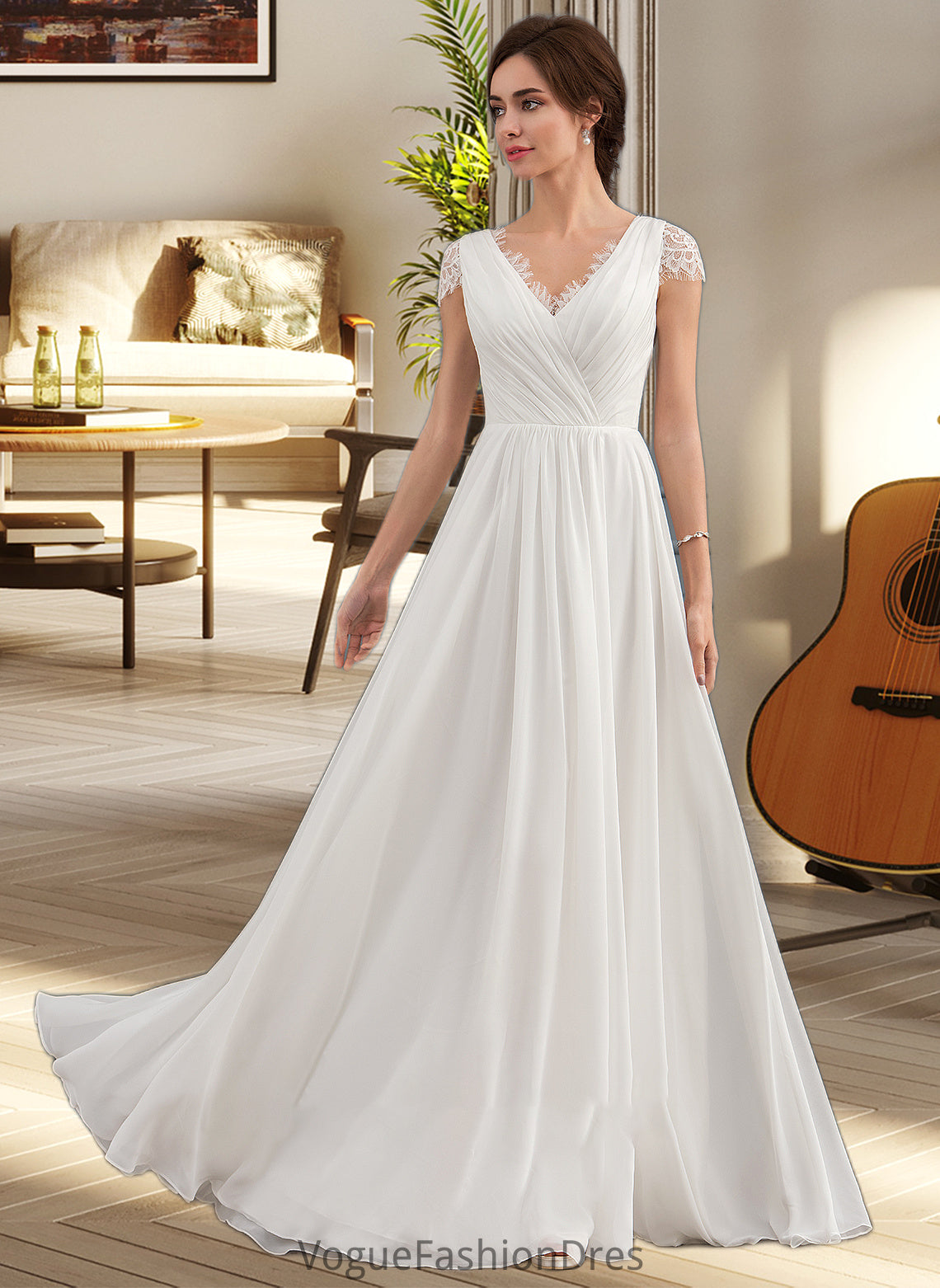 Jane A-Line V-neck Floor-Length Chiffon Lace Wedding Dress With Ruffle DKP0013729