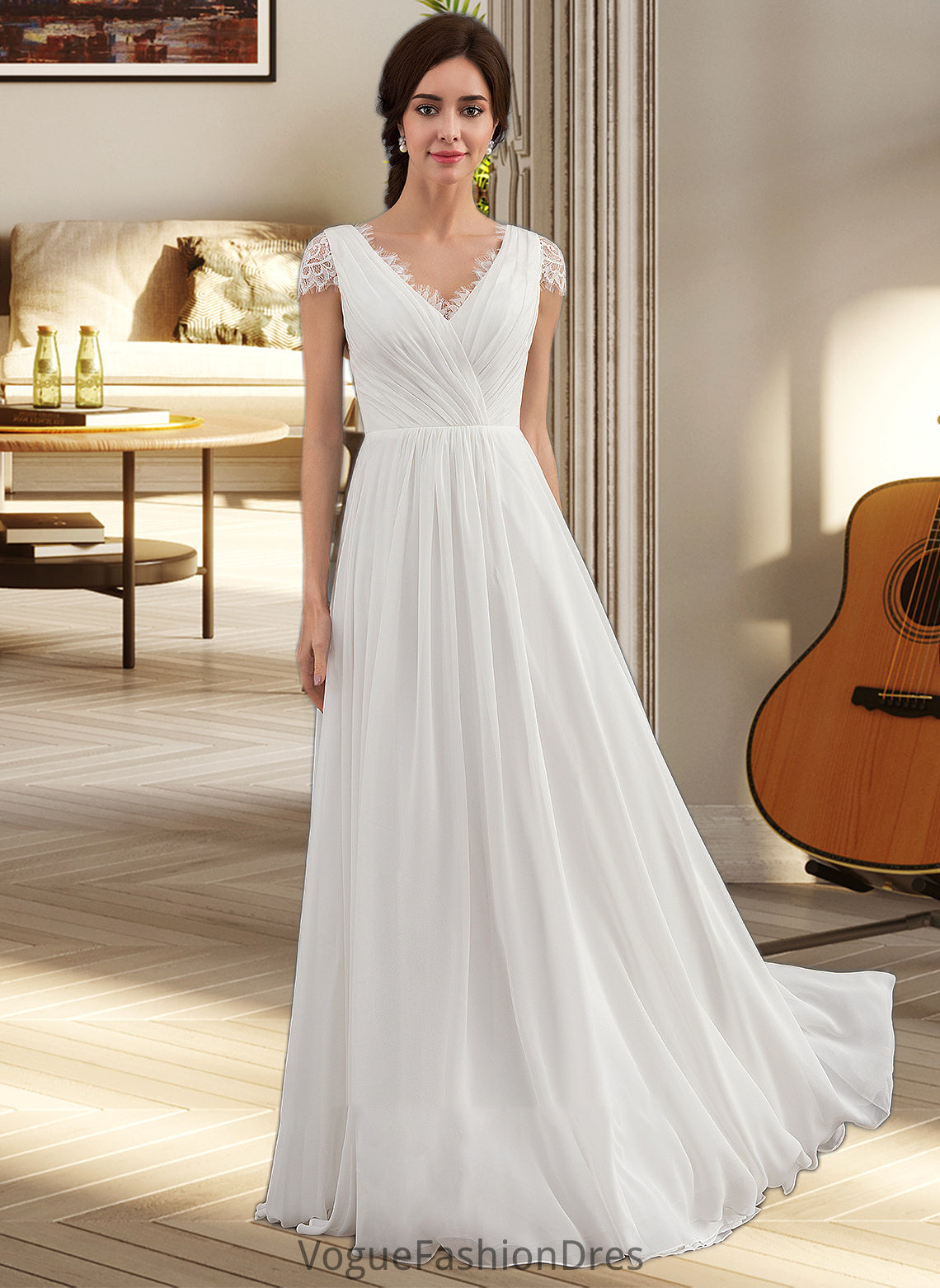 Jane A-Line V-neck Floor-Length Chiffon Lace Wedding Dress With Ruffle DKP0013729