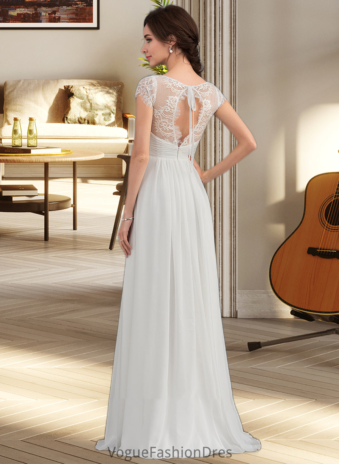 Jane A-Line V-neck Floor-Length Chiffon Lace Wedding Dress With Ruffle DKP0013729