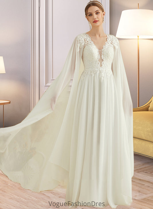 Joanne A-Line V-neck Floor-Length Chiffon Lace Wedding Dress With Sequins DKP0013736