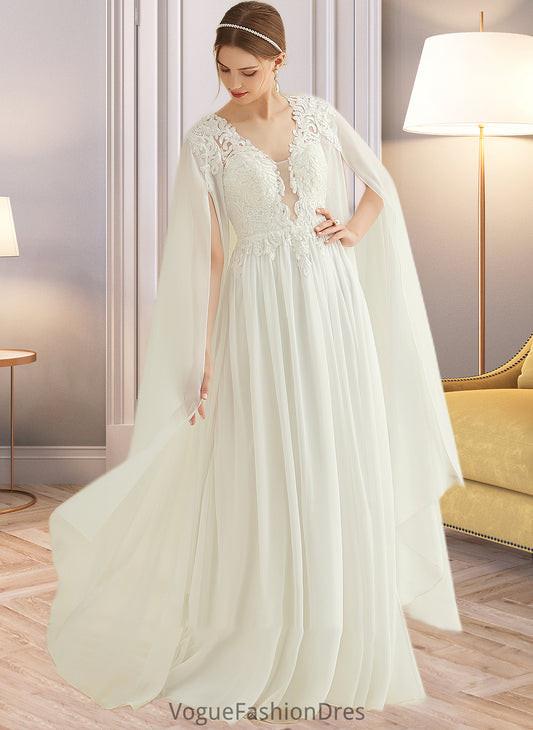 Joanne A-Line V-neck Floor-Length Chiffon Lace Wedding Dress With Sequins DKP0013736